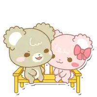 a couple of teddy bears sitting on a bench with the words * hugs * written above them