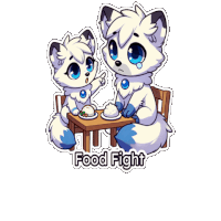 a sticker of two foxes sitting at a table with the words food fight on the bottom