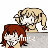 a cartoon of two girls standing next to each other with the word yumisa on the bottom