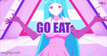 a girl in a pink dress is standing in front of a sign that says " go eat "