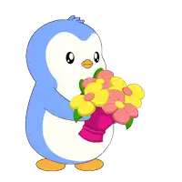 a blue penguin holding a pink vase of flowers
