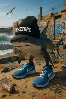 a shark wearing a black beanie with the word blazzard on it