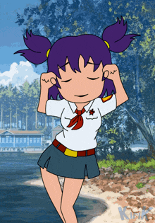 a cartoon of a girl with purple hair and a white shirt with a red star on it