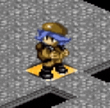 a pixel art character with blue hair and a hat is standing on a yellow block .