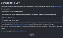 a screenshot of a website that says banned for one day