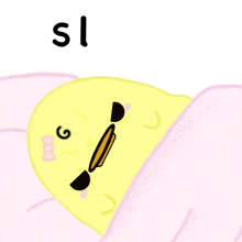 a cartoon drawing of a yellow bird laying under a pink blanket with the number 15 written above it
