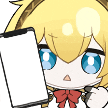a cartoon character is holding a cell phone with a blank screen