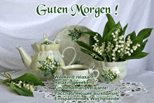 a greeting card with lily of the valley flowers and a cup of coffee