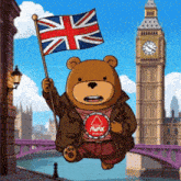 a cartoon bear holding a british flag in front of big ben