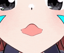 a close up of a cartoon character 's face with a pink lip and a blue eye .