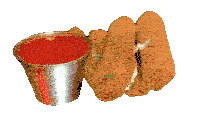 a bucket of sauce sits next to a pile of mozzarella sticks