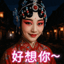 a woman in a red dress with chinese writing on the bottom