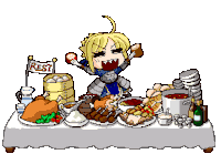 a pixel art drawing of a girl eating food with a sign that says rest