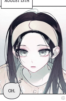a girl with long black hair is wearing a headband and the date august 13th