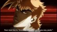 a cartoon of a man with the words " your next line is " on the bottom