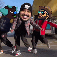 a man wearing a beanie that says snb labs is dancing with two other men