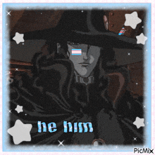 a picture of a man with a transgender flag on his face and the words he him above him