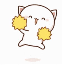 a cartoon cat is jumping in the air while holding two yellow pom poms .
