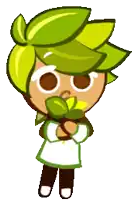 a cookie run character with green hair is holding a green leaf in his hand .
