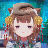 a close up of a girl 's face with the letter s on top of her head