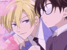 a couple of anime characters standing next to each other . one of the characters is wearing glasses .