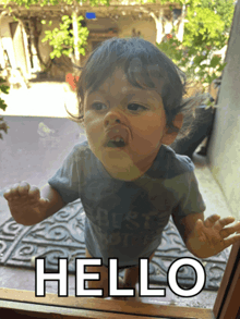 a baby looking out a window with the word hello on the bottom right