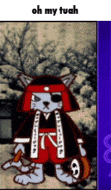 a cartoon cat dressed as a samurai holding a sword and a sword .