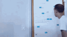 a man is standing in front of a white board with blue sticky notes on it .