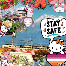 a picture of hello kitty with a sign that says stay safe
