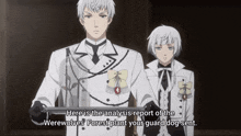 two anime characters standing next to each other with one saying here is the analysis report of the werewolves forest plant your guard dog sent ..
