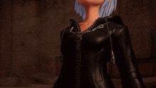 a girl with blue hair and a black jacket is standing in a dark room