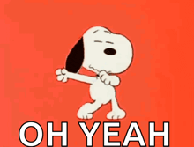 snoopy is dancing on a red background with the words oh yeah