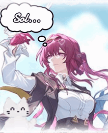 a girl with purple hair and a thought bubble that says ' soboo ' on it