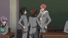 a group of anime characters are standing in front of a chalkboard