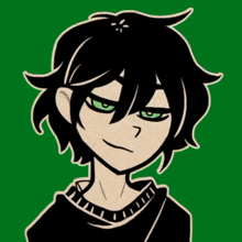 a drawing of a boy with green eyes and black hair