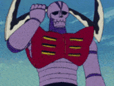 a purple robot with a red chest and yellow stripes on it