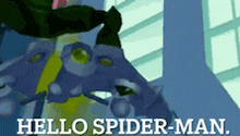 a cartoon character says hello spider-man in white letters