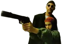 a man and a girl are holding a gun
