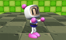 a cartoon character with the letter m on his head is standing on a checkered floor