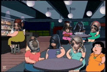 a cartoon of a group of people sitting at tables in a bar with an x on the bottom right