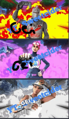 three images of a video game character with the letters gc on the bottom