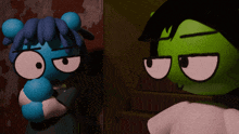 a blue and green cartoon character are looking at each other