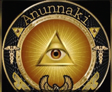 a gold and black emblem with an all seeing eye and the words anunnaki on it