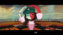 a cartoon character named lee is dancing on a chess board .