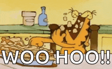 a cartoon of garfield eating a stack of pancakes with the words `` woo hoo ! ''