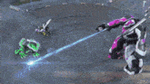 two robots are fighting each other with purple light coming out of their weapons