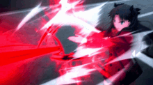 a girl in a red coat is being attacked by a sword