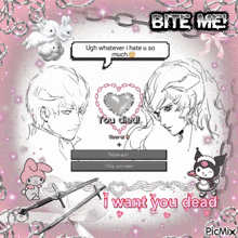 a drawing of a man and a woman with the words " bite me " above them