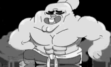 a black and white drawing of a cartoon character with huge muscles and a belt around his waist .