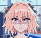 a girl with pink hair and purple eyes is making a face